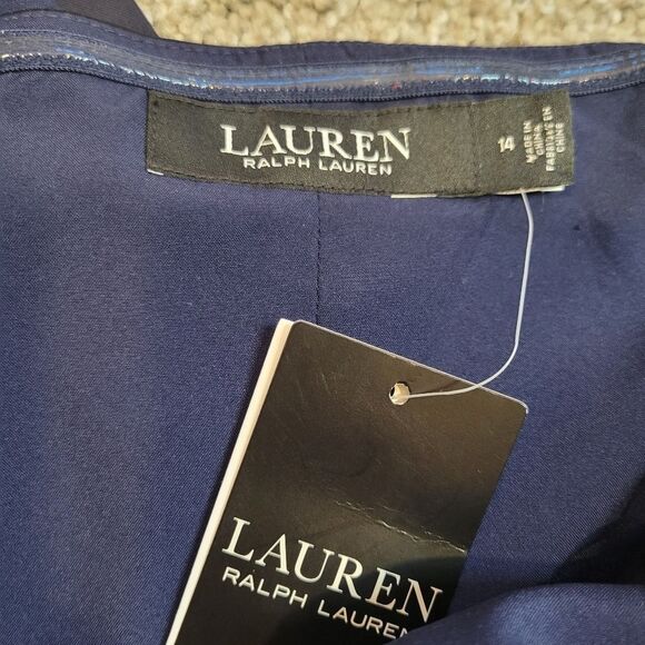 LAUREN Ralph Lauren Satin One-Shoulder Dress Navy Blue Size 14 - Picture 8 of 10